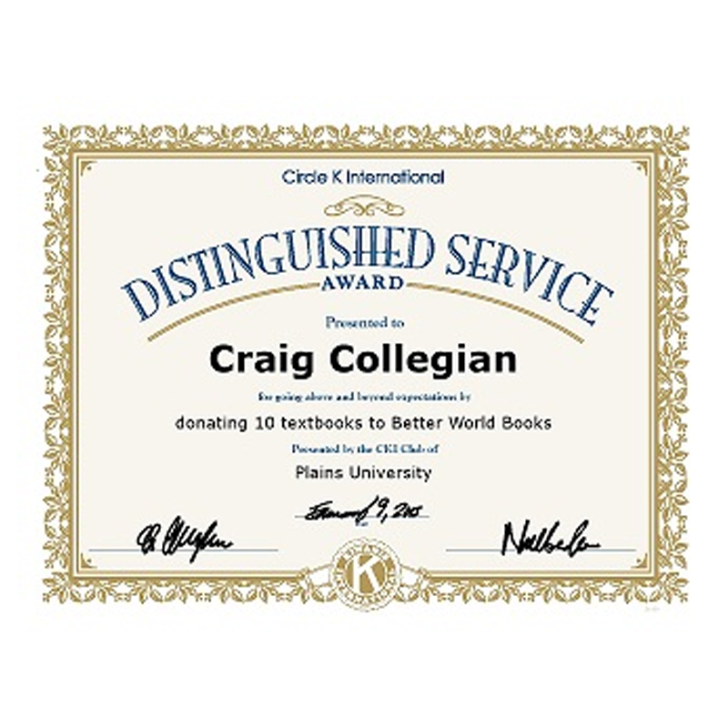 Circle K Distinguished Service Certificate