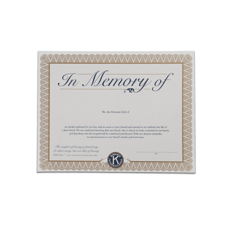 Kiwanis In Memoriam Certificate