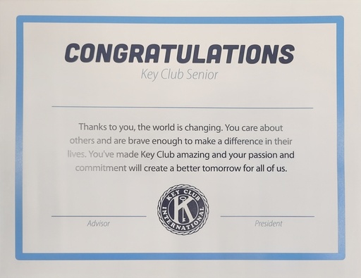 [KEY-0135] Key Club Graduation Certificate (10 Pack)