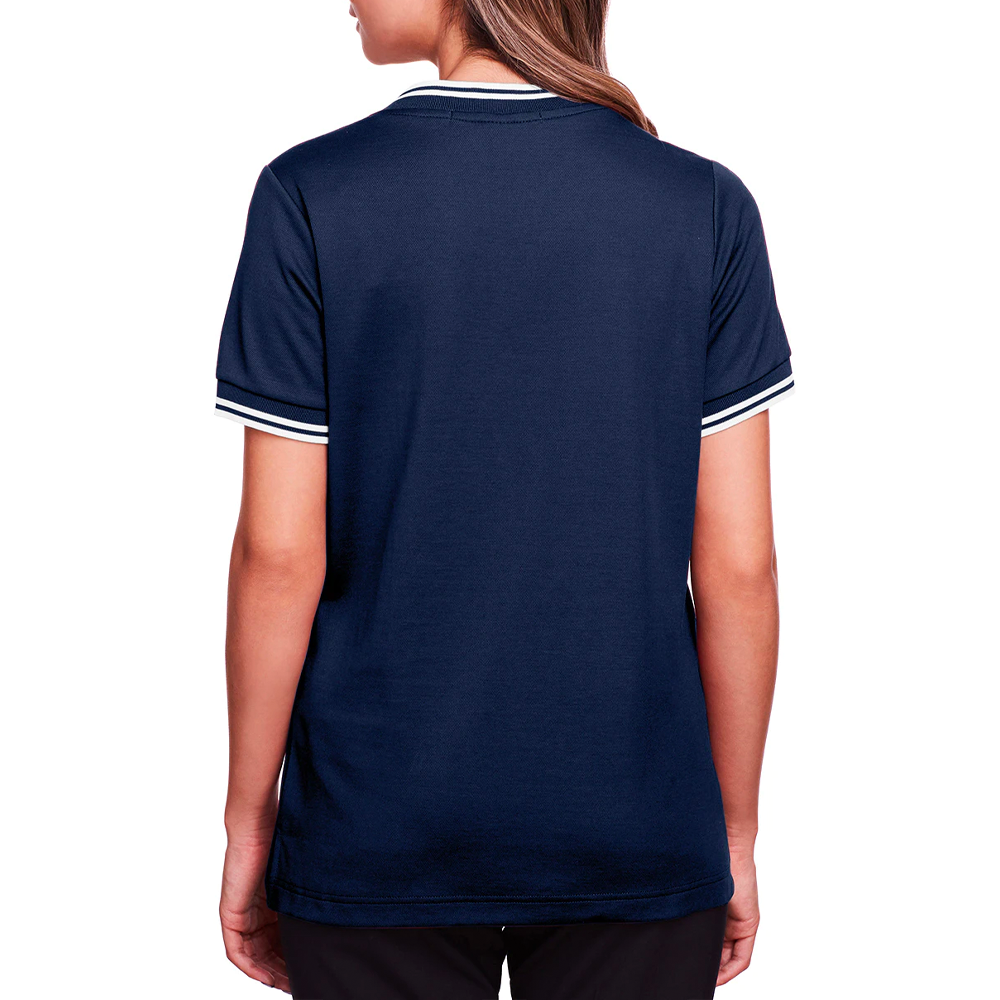 Devon & Jones Ladies Blue Crown Lux Performance Plated V Neck Polo