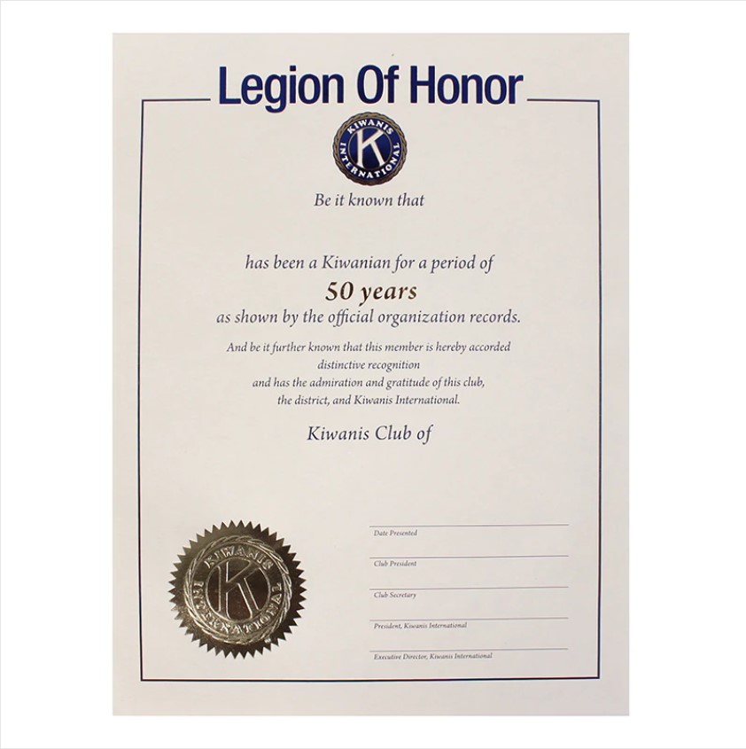 Kiwanis 50 Year Legion of Honor Certificate