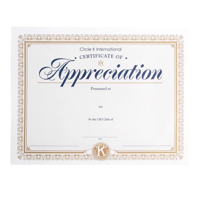 Circle K Certificate of Appreciation