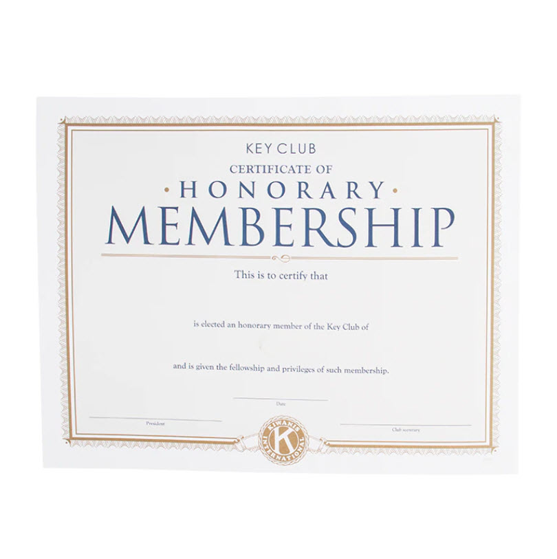 Key Club Honorary Membership Certificate