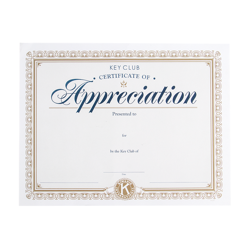 Key Club Certificate of Appreciation