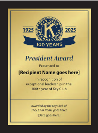 Key Club 100 Year Centennial President Plaque