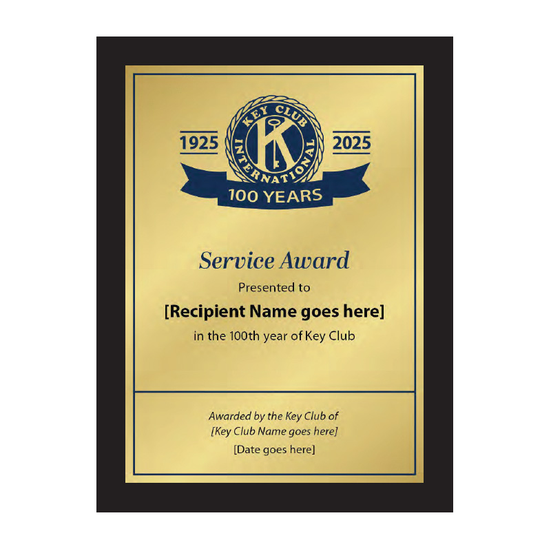 Key Club 100 Year Centennial Service Plaque