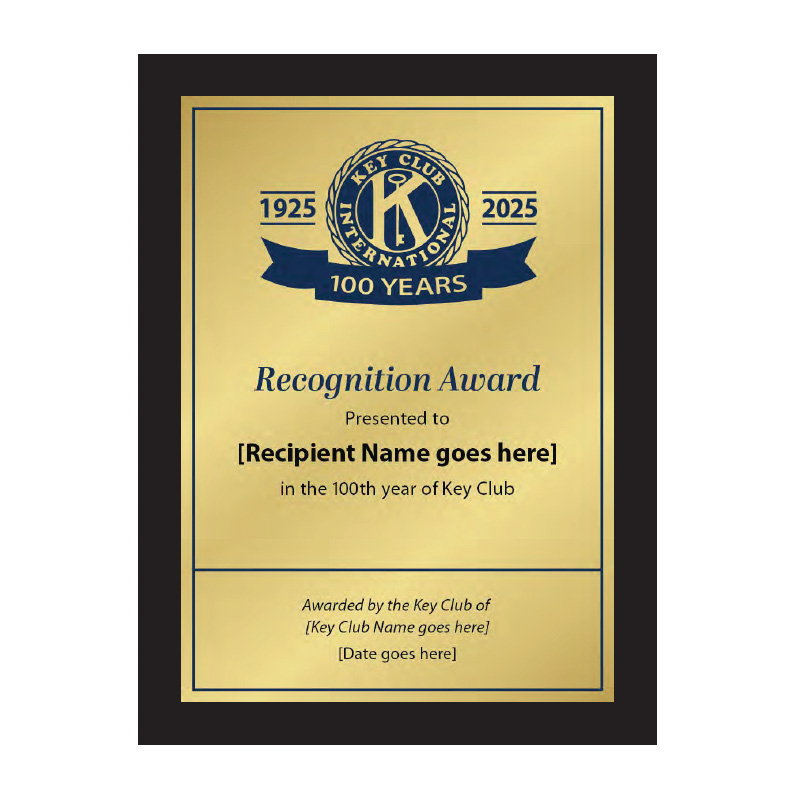 Key Club Centennial Recognition Plaque