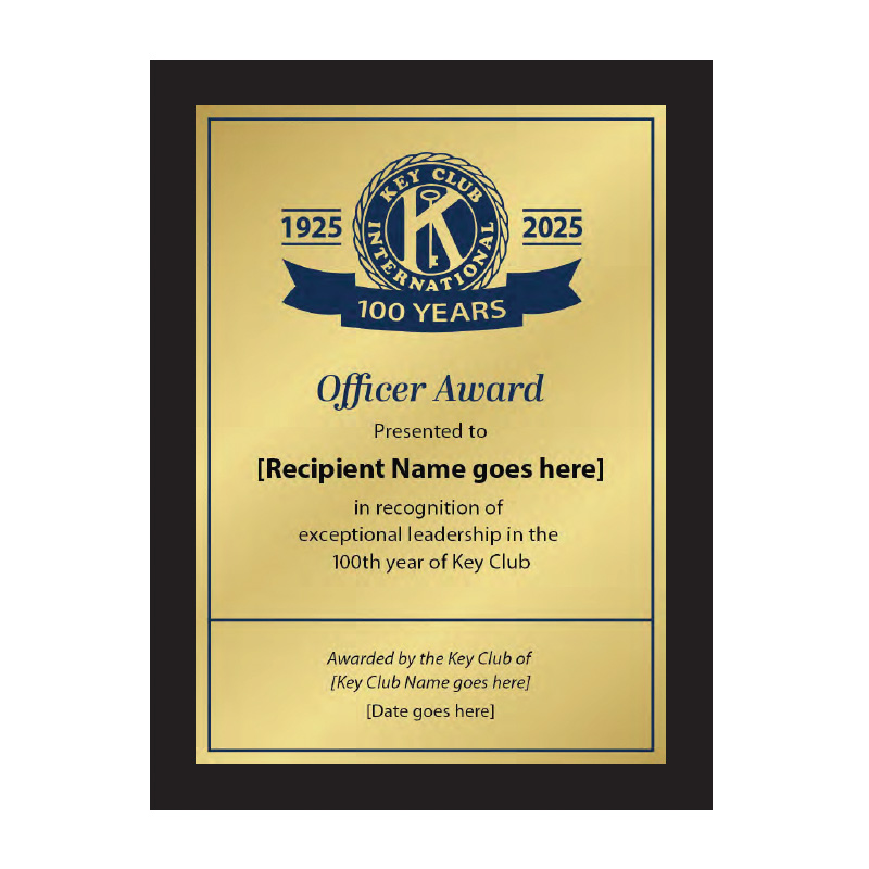 Key Club Centennial Officer Plaque