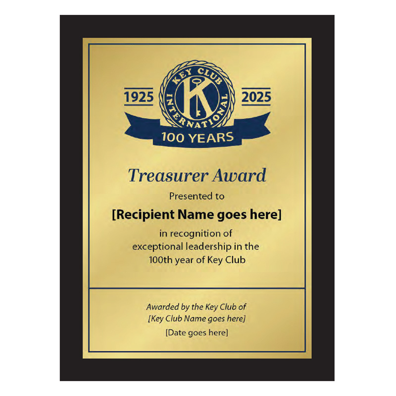 Key Club 100 Year Centennial Treasurer Plaque