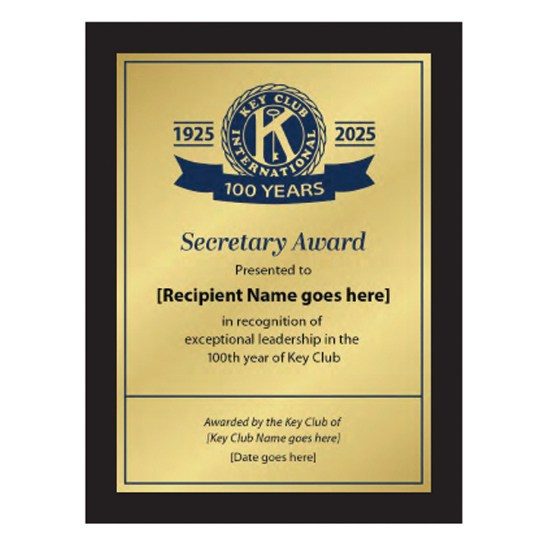 Key Club Centennial Secretary Plaque