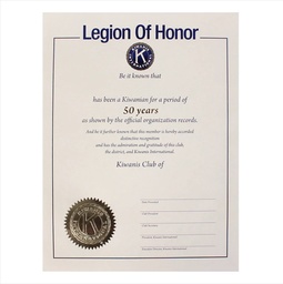 [KI12050] 50 YR Legion of Honor Certificate