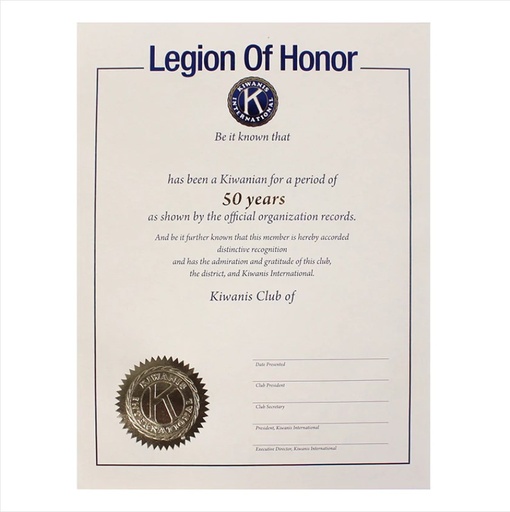 [KI12050] Kiwanis 50 Year Legion of Honor Certificate