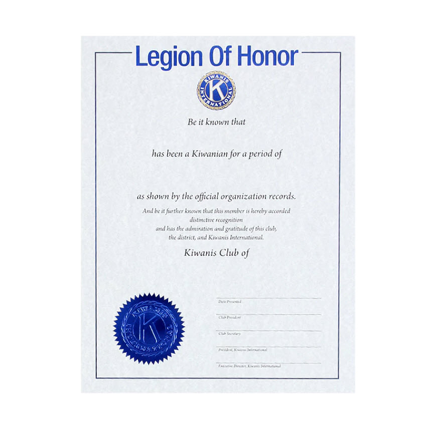 Kiwanis Legion of Honor Certificate