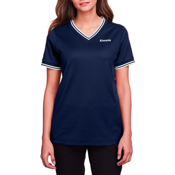 Devon & Jones Ladies Blue Crown Lux Performance Plated V Neck Polo